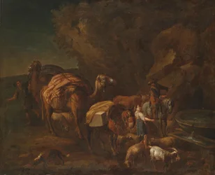 Paysage oriental avec chameliers et bergers